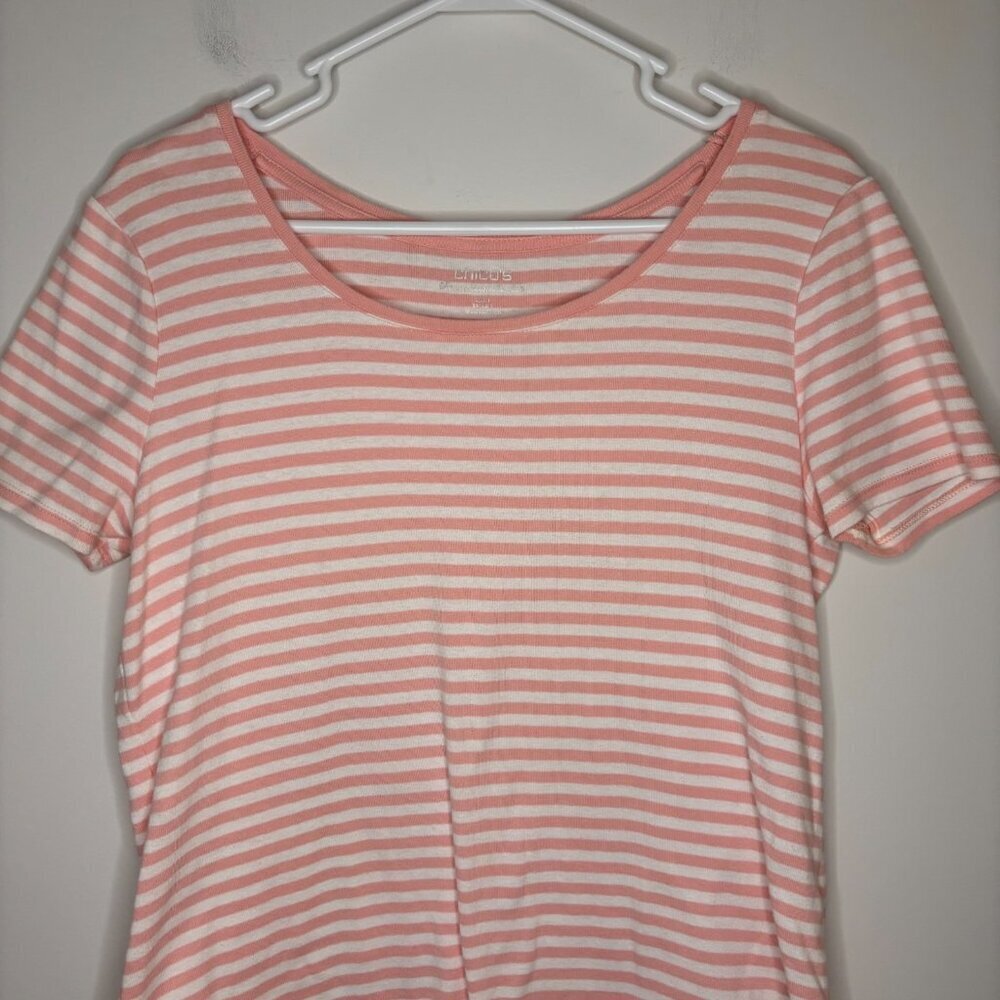 CHICO'S Ultimate Tee Short Sleeve Womens M Pink White Stripe Round Hem